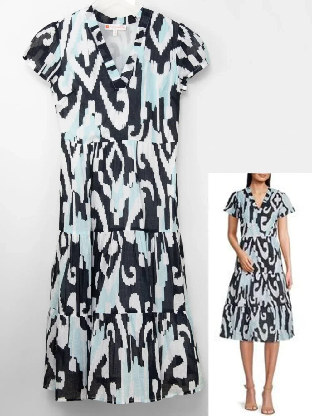 Jude Connally Dress Abstract Print Flutter Sleeve Midi Blue White Size XS